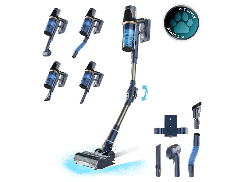 Aspirador escoba - Cecotec Conga Rockstar RS70 Pet Flex, 500 W, 65 min Autonomía, Sin Bolsa, Cepillo para Animales, Negro/Dorado