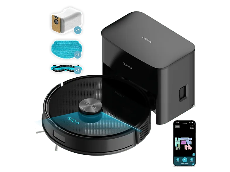 Robot friegasuelos - Cecotec Conga Y50, 480W, 145 min Auton, 5000Pa, Base Autovaciado 3L, Cepillo Multifunción, Cobertura 160m2, APP3.0, Láser, Negro