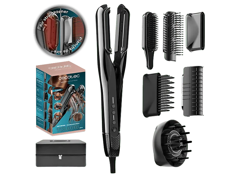 Plancha de pelo - Cecotec AirLisse 6in1 Platinum, Cerámica, 1000W, 112.000 rpm, Función plasma, Motor Brushless, 6 accesorios, Estuche premium, Negro (imagen 1 de 3)