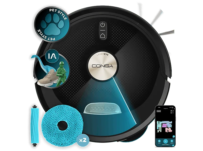 Robot friegasuelos - Cecotec Conga M100 Spin AI, Navegación inteligente IA, Programable, Negro