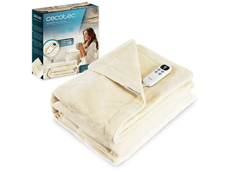 Manta eléctrica - Cecotec HeatConfort Calma (180 x 130), 115 W, 180 130 cm, 10 niveles, temporizador, Tecnología PTC + NTC, Crema