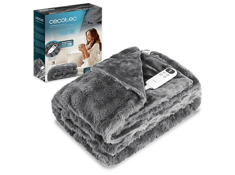Manta eléctrica - Cecotec HeatConfort Noa (180 x 130), 115 W, Acabado pelo sintético, 10 niveles de temperatura, Apagado automático, Gris