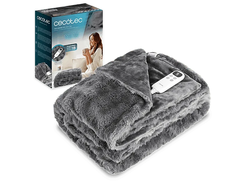 Manta eléctrica - Cecotec HeatConfort Noa (160 x 130), Apagado Automático, 10 Niveles de temperatura ajustables, Faux Fur, Gris
