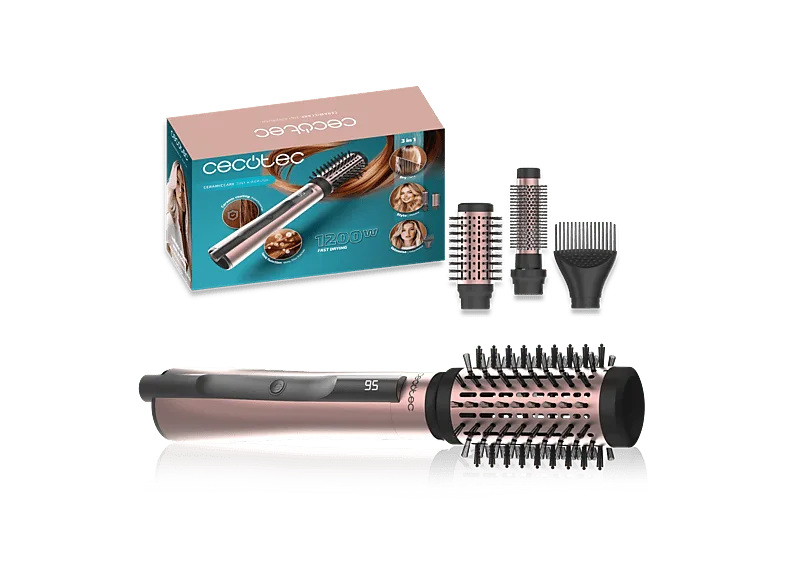 Rizador - Cecotec CeramicCare 3in1 AirBrush, 3 en 1, Función Iónica, 1200W, Cabezales intercambiables, Modos de calor, Seca, Moldea, Da volumen, Rosa