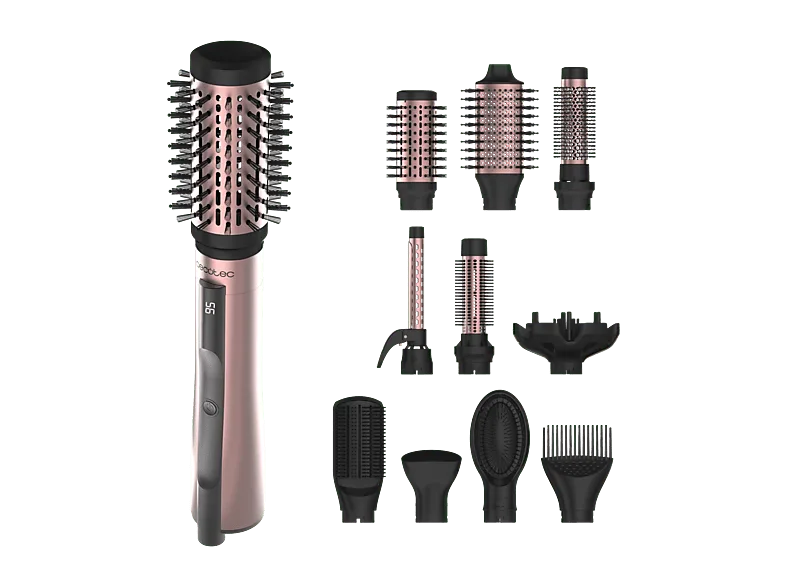 Moldeador - Cecotec CeramicCare 10in1 AirBrush, Función iónica, 10 accesorios, Pantalla digital, Revestimiento cerámica, 3 modos calor/velocidad, Rosa