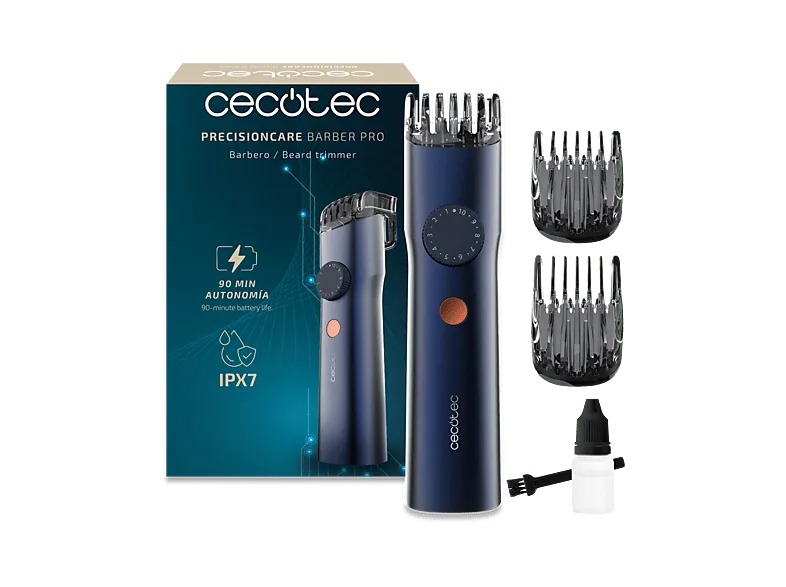 Barbero - Cecotec PrecisionCare Barber Pro, Autonomía 90 min, 2 peines guía ajustables, Pantalla LED, Waterproof IPX7, Cuchillas japonesas, Azul