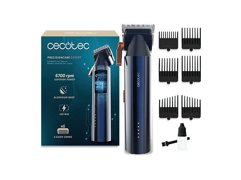 Cortapelos - Cecotec PrecisionCare Expert, Motor Brushless digital, 2 velocidades, 6 peines guía, Cuchillas cerámicas, Autonomía hasta h, Azul