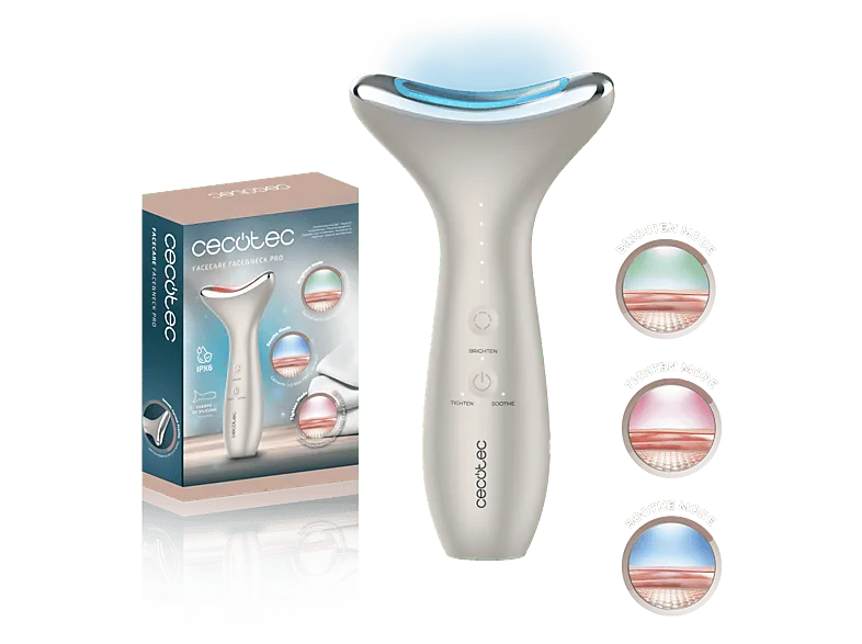 Cepillo facial - Cecotec FaceCare Face&Neck Pro, Fototerapia, Cara y cuello, 3 modos, 5 niveles de EMS, Vibración Calor, Blanco