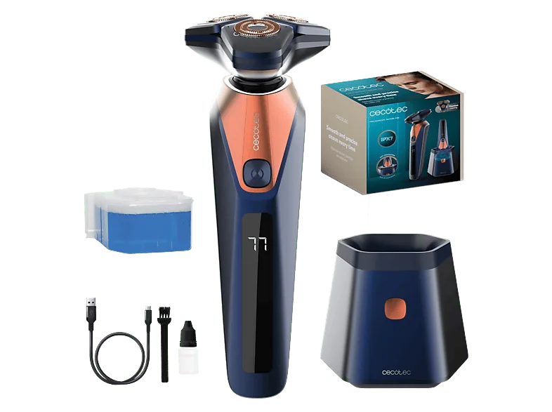 Afeitadora - Cecotec PrecisionCare Saphire Pro, 90 min, Resistencia al agua IPX7, base de autolimpieza, Cuchillas titanio, 3 velocidades, Azul
