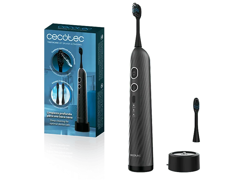 Cepillo eléctrico - Cecotec ToothCare Jet Splash UltraSonic, 3 modos, Base de carga, Autonomía 4 semanas, IPX7, e irrigador 2 en 1, Negro