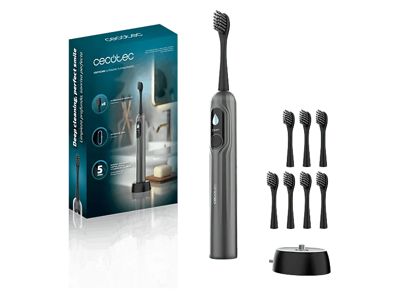 Cepillo eléctrico - Cecotec ToothCare UltraSonic PlatiniumSwing, Sónico + Oscilación, 5 modos, Sensor de presión, 8 cabezales, Estuche, Negro