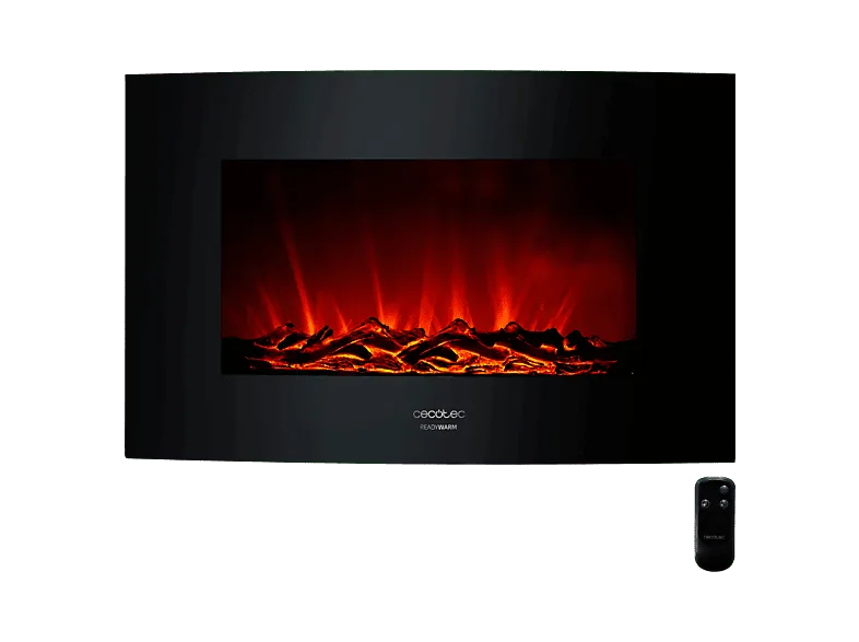Chimenea eléctrica - Cecotec Ready Warm 3510 Curved Flames, 2000 W, Mando a distancia, Panel curvo de cristal templado, Llama ajustable, Negro