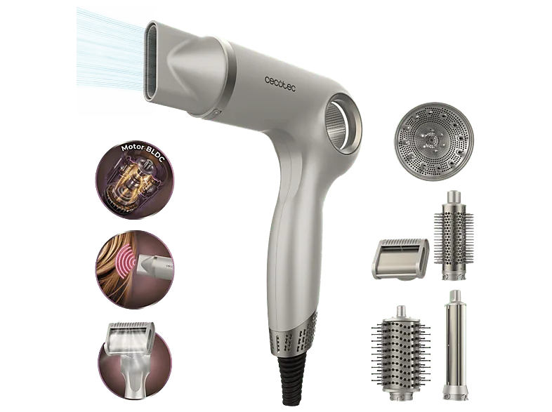Secador - Cecotec DryGlam Waves Sensor 6in1, Motor brushless 1400W, distancia, Tecnología iónica, 6 accesorios, 110.000 rpm, Plata