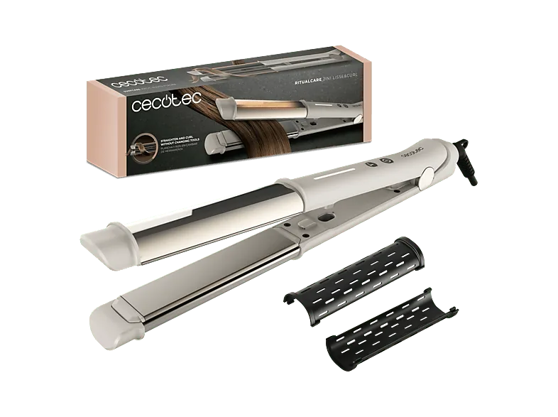Plancha de pelo - Cecotec RitualCare 2in1 Lisse&Curl, 2 en 1, Cerámica, 170-230ºC, Tecnología iónica, MCH, Autoapagado 30 min, Crema