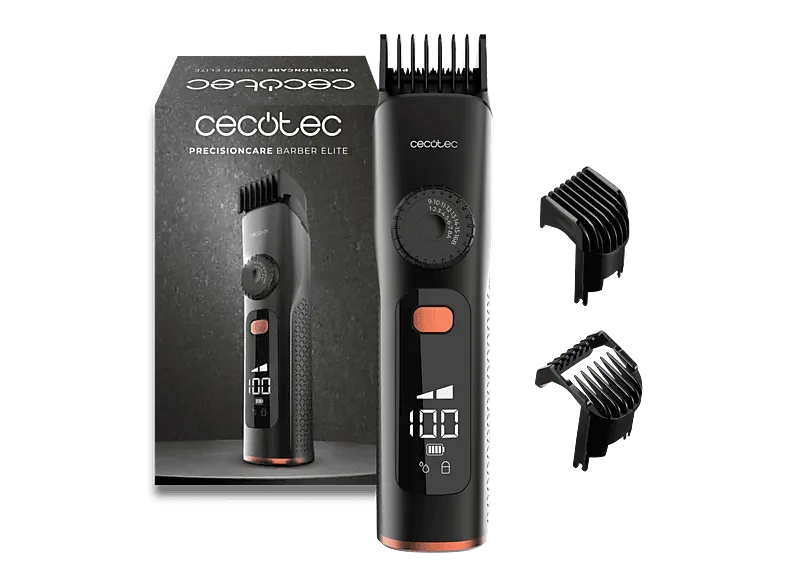 Barbero - Cecotec PrecisionCare Barber Elite, 120 min, Cuchillas acero inoxidable, IPX6, Pantalla, 2 peines 1-8 mm y 9-16 mm, Carga rápida, Negro