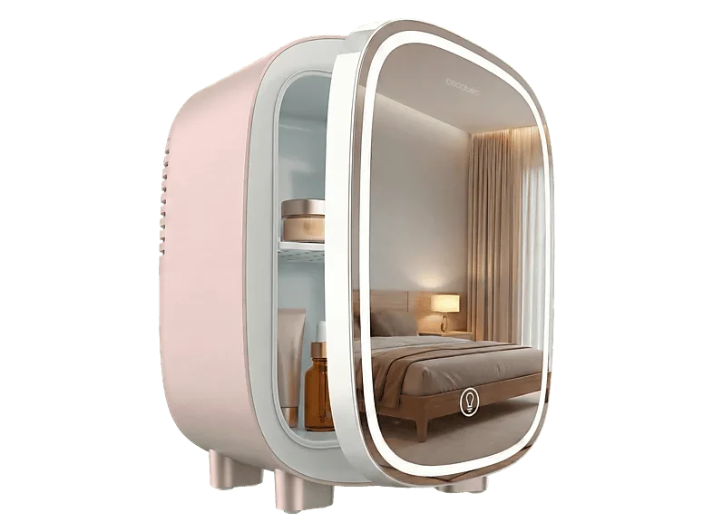 Nevera de cosméticos - Cecotec CoolingBeauty 4000 Mirror Rose, 4 L, Espejo, Luz LED 3 intensidades, Enfriamiento 5 ºC, Silenciosa, Rosa