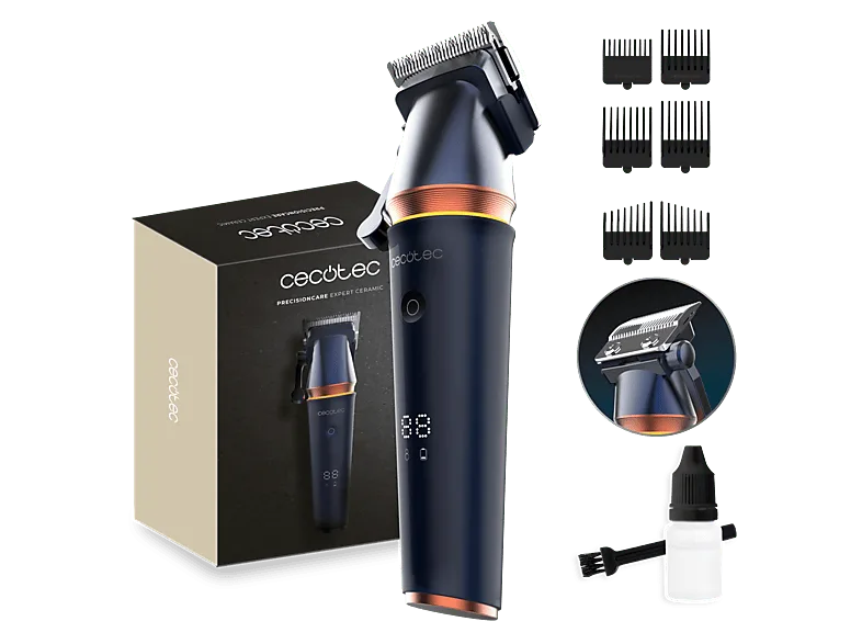 Cortapelos - Cecotec PrecisionCare Expert Ceramic, Motor brushless, Cuchillas de cerámica, 120 min, Pantalla RPM y batería, 6 peines, Azul