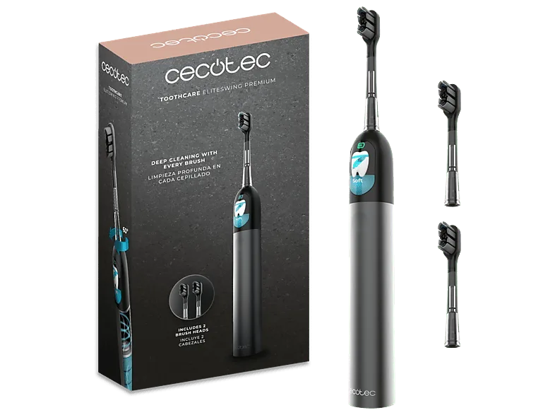Cepillo eléctrico - Cecotec ToothCare EliteSwing Premium, Oscilación 60º, Pantalla, 30 días de autonomía, Sensor presión, IPX7, Modo avión, Negro