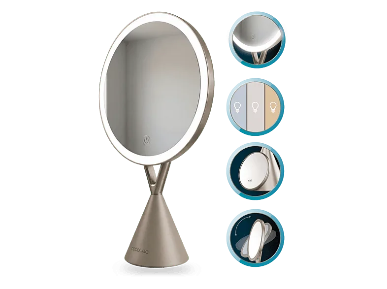 Espejo lumínico - Cecotec FaceCare Mirror, Luz LED, Aumento 10x, 3 intensidades, Ángulo ajustable, Batería 1000 mAh y carga USB-C, Multicolor