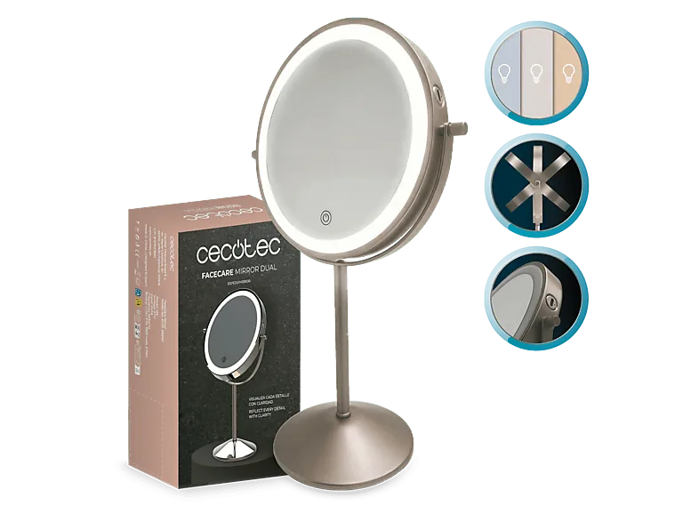 Espejo lumínico - Cecotec FaceCare Mirror Dual, 360º, Aumento 10x, Luz LED 3 intensidades, Botón táctil, Batería 2000 mAh y carga USB-C, Multicolor
