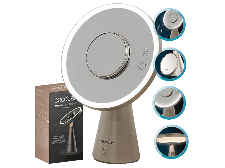 Espejo lumínico - Cecotec FaceCare Mirror&Sound, 3 en 1 con lámpara y altavoz Bluetooth, Aumento 10x, luz LED intensidades, Carga USB-C, Plata