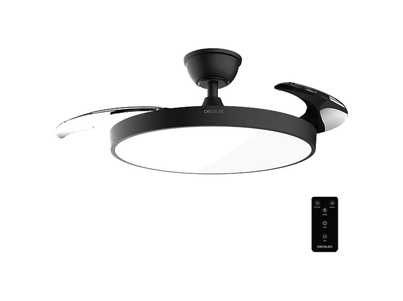 Ventilador de techo - Cecotec EnergySilence Aero 300 Air Invisible Silver, 3 aspas retráctiles, Motor DC 30 W, Luz LED, 6 velocidades, Negro