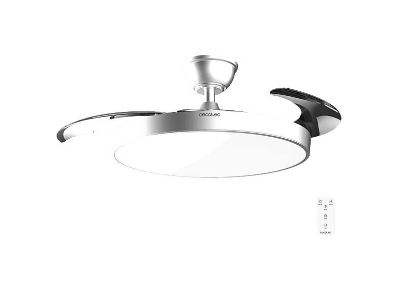 Ventilador de techo - Cecotec EnergySilence Aero 300 Air Invisible Silver, 3 aspas retráctiles, Motor DC 30 W, Luz LED, 6 velocidades, Silver