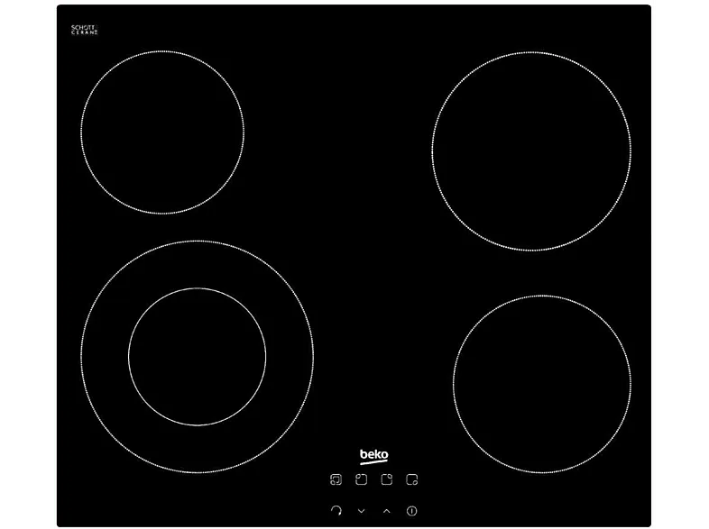 Placa vitrocerámica - Beko HIC 64402E, 4 zonas, Zona grande 21 cm, Control táctil, Doble zona, 58 Negro