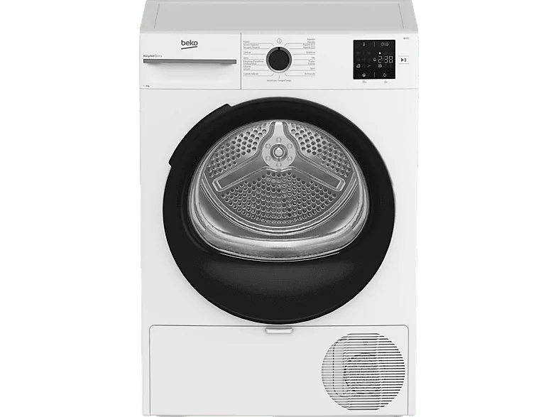 Secadora bomba de calor - Beko BM3T39220WB, 9 kg, 15 Programas, Pantalla digital, OptiSense, Filtro Fusión, AquaWave, Blanco