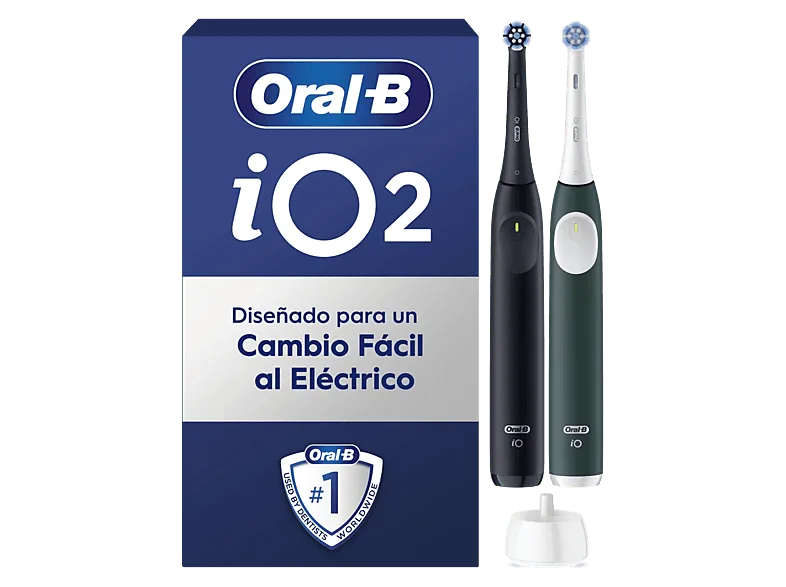 Cepillo eléctrico - Oral-B iO 2, Pack dúo, 2 recambios, 3 modos, Temporizador, Sensor de presión, Diseñados por Braun, Negro y Verde Bosque