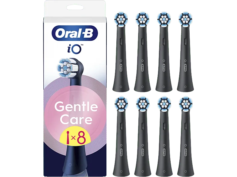 Recambio para cepillo dental - Oral-B iO Gentle Care, Pack de 8 unidades, Para encías sensibles, Negro