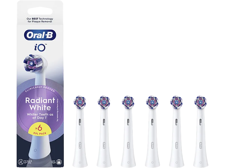 Recambio para cepillo dental - Oral-B iO Radiant White, Pack de 6 unidades, Cabezales blanqueamiento, Blanco