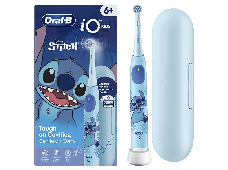 Cepillo eléctrico infantil - Oral-B iO Kids Disney Stitch, 3 modos, 1 cabezal de recambio, Temporizador con música, Acceso app Disney, +6 Años