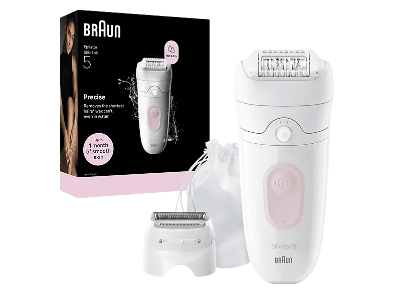 Depiladora - Braun Silk·épil 5 5-030, Piel suave duradera, Tecnología Microgrip con 28 pinzas, Wet&Dry, Blanco/Rosa