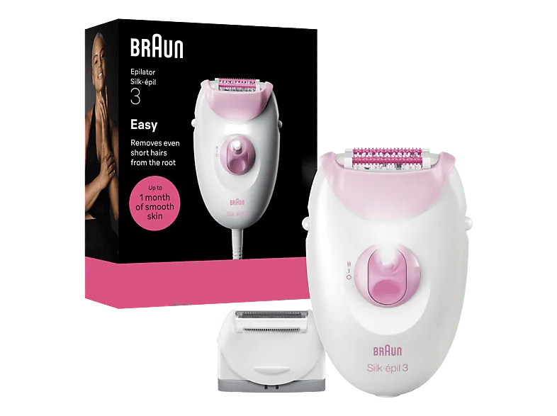 Depiladora - Braun Silk·épil 3 3-031, de arranque con cable, Piel suave duradera, Cabezal rasuradora, Rosa