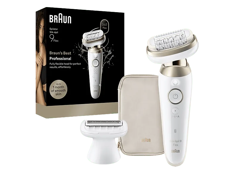 Depiladora - Braun Silk·épil 9 Flex 9-030 3D, En seco y en mojado, Cabezal flexible Piel suave duradera, 2 accesorios adicionales, Oro