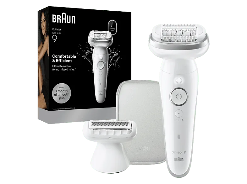 Depiladora - Braun Silk·épil 9 9-030, en seco y mojado, Piel suave duradera, +2 Accesorios de rasurado recorte, Plata