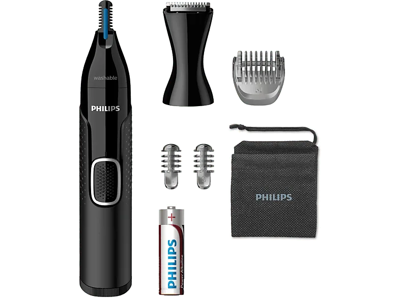 Cortapelos nariz - Philips NT5650/16 , Recortador de precisión para nariz, orejas y cejas, 3 peines-guía, Funda viaje, Negro