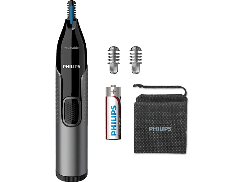 Cortapelos nariz - Philips NT3650/16, Acero inoxidable, Para orejas y cejas, 2 Peines-guía, Resistente agua, Gris, Pila AA