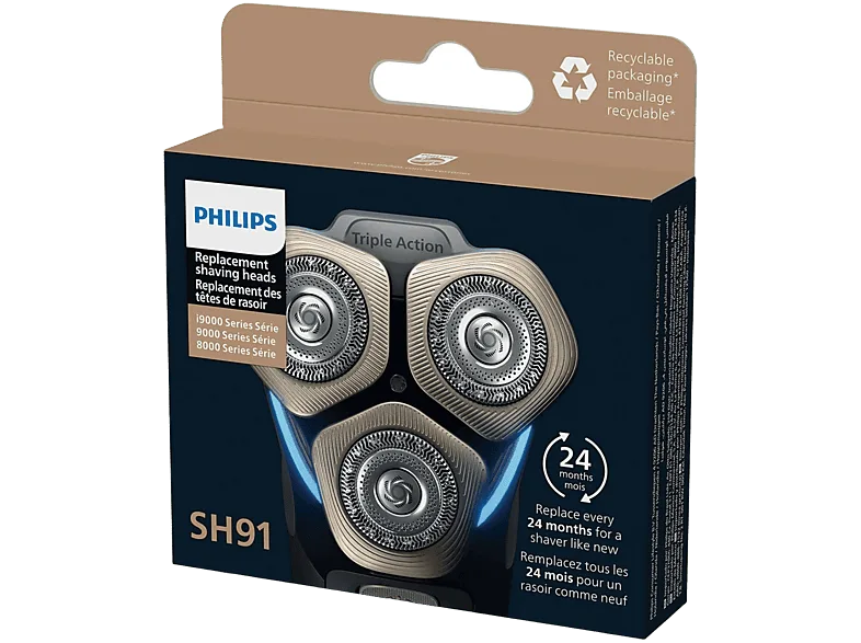 Recambio para afeitadora - Philips SH91/50, Cuchillas NanoTech Dual Precision, Autoafilables, Inox