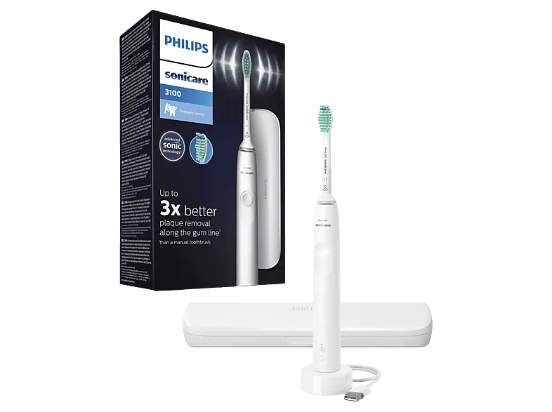 Cepillo eléctrico - Philips Sonicare 3100 HX3673/13, Tecnología sónica, sensor de presión, temporizadores intuitivos, Blanco