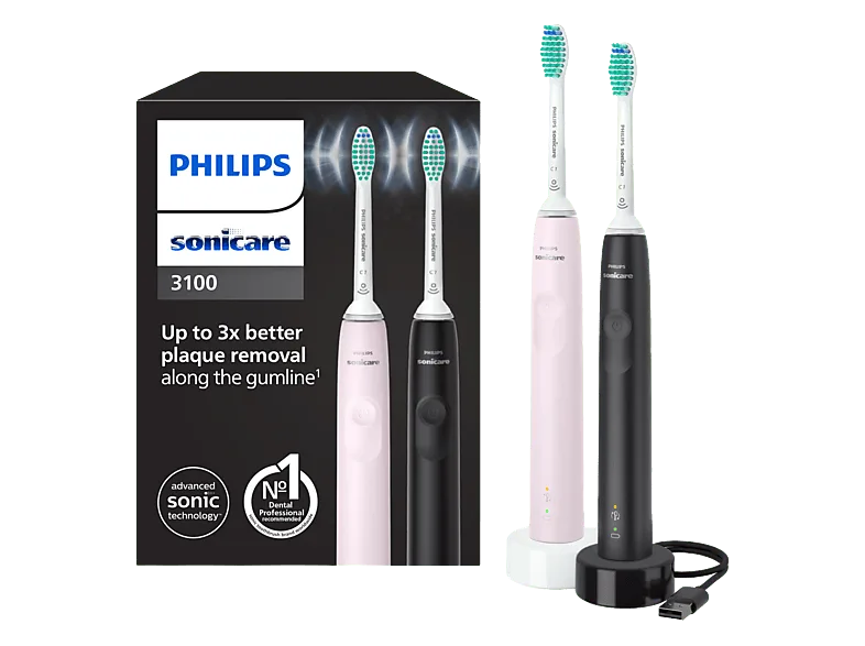 Cepillo eléctrico - Philips Sonicare 3100 HX3675/15, 2 unidades, Tecnología sónica, Sensor de presión, Temporizadores intuitivos, Negro y Rosa
