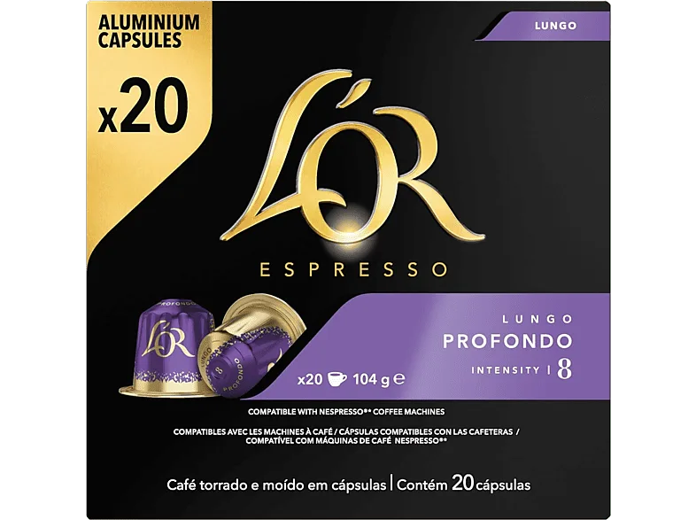 Cápsulas monodosis - L'Or Lungo Profondo, Intenso Especiado, 20 cápsulas, Intensidad 8, Compatible con Nespresso