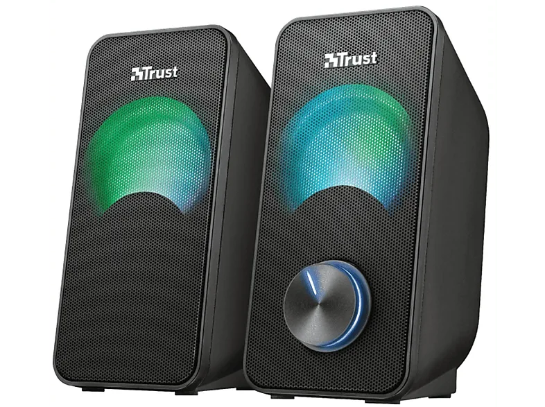 Altavoces para PC - Trust Arys RGB Compact, 2 unidades, LED RGB, 2.0 Canales, 12 W, USB, Jack 3.5mm, Negro
