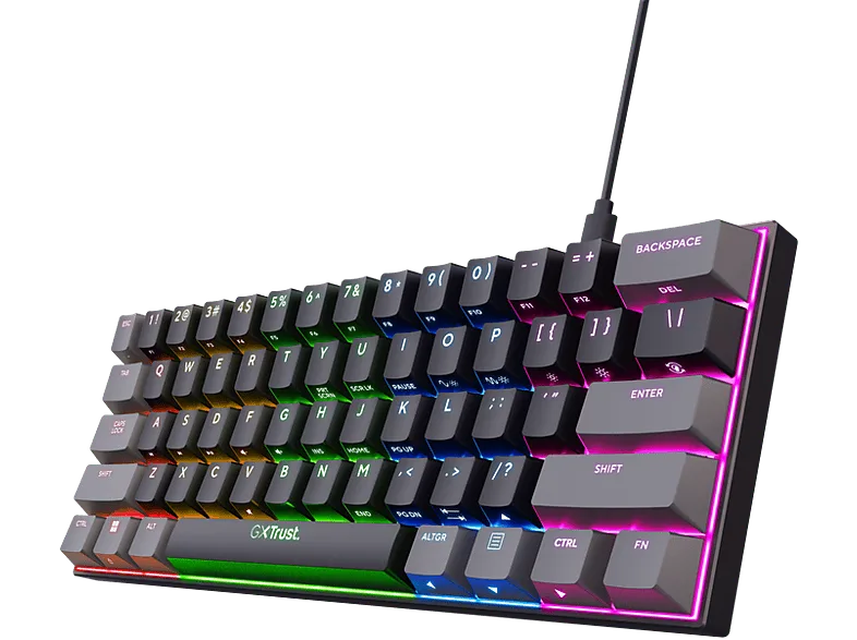 Teclado gaming - Trust GXT 867 Acira, 60% más compacto, Con cable, 61 teclas, Iluminación RGB, Negro (imagen 1 de 2)