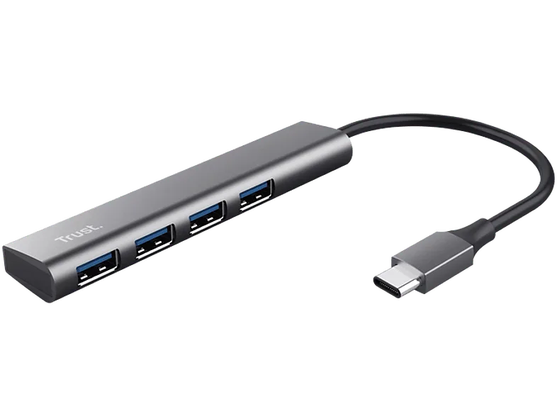 Hub - Trust 24948 Halyx 4, USB-C, 4 puertos, 5 Gbit/s, Gris