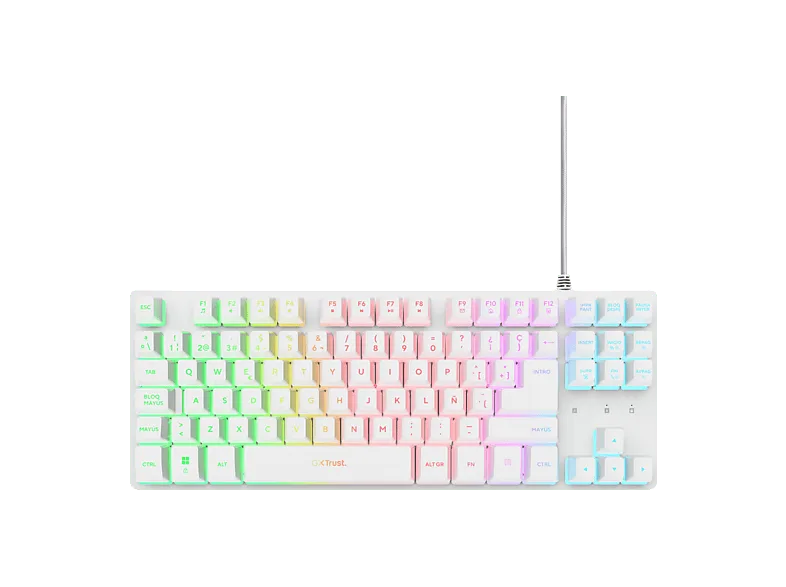 Teclado gaming - Trust GXT 833W, 1x USB, Cable, TKL compacto, Iluminación LED Multicolor, Anti-Ghosting, Blanco