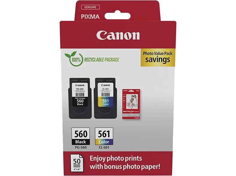 Cartucho de tinta - Canon PG-560/CL-561, 7.5 ml y 8.3 ml, 180 páginas, Negro Color (cian, magenta, amarillo) (imagen 1 de 3)