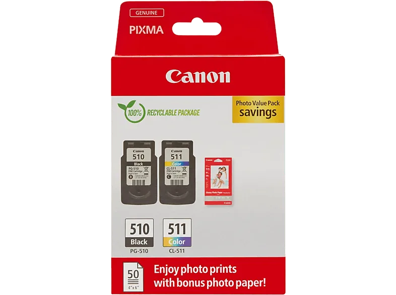 Cartucho de tinta - Canon PG-510/CL-511, 2970B017AA, 300 páginas, Incluye 50 Hojas Papel Fotográfico, Negro, Color