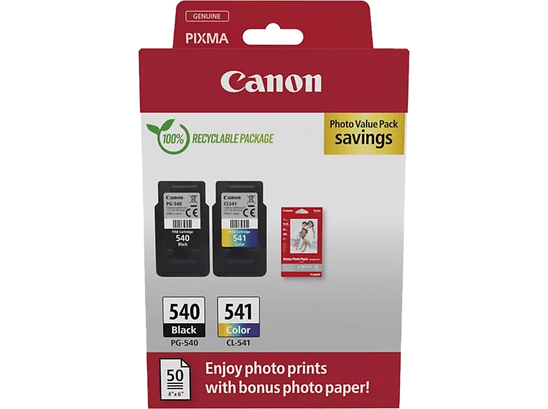 Cartucho de tinta - Canon PG-540/CL-541, 8 ml, 180 páginas por cartucho, 50 Hojas Papel Fotográfico Satinado, Negro, Color (cian, magenta, amarillo) (imagen 1 de 3)